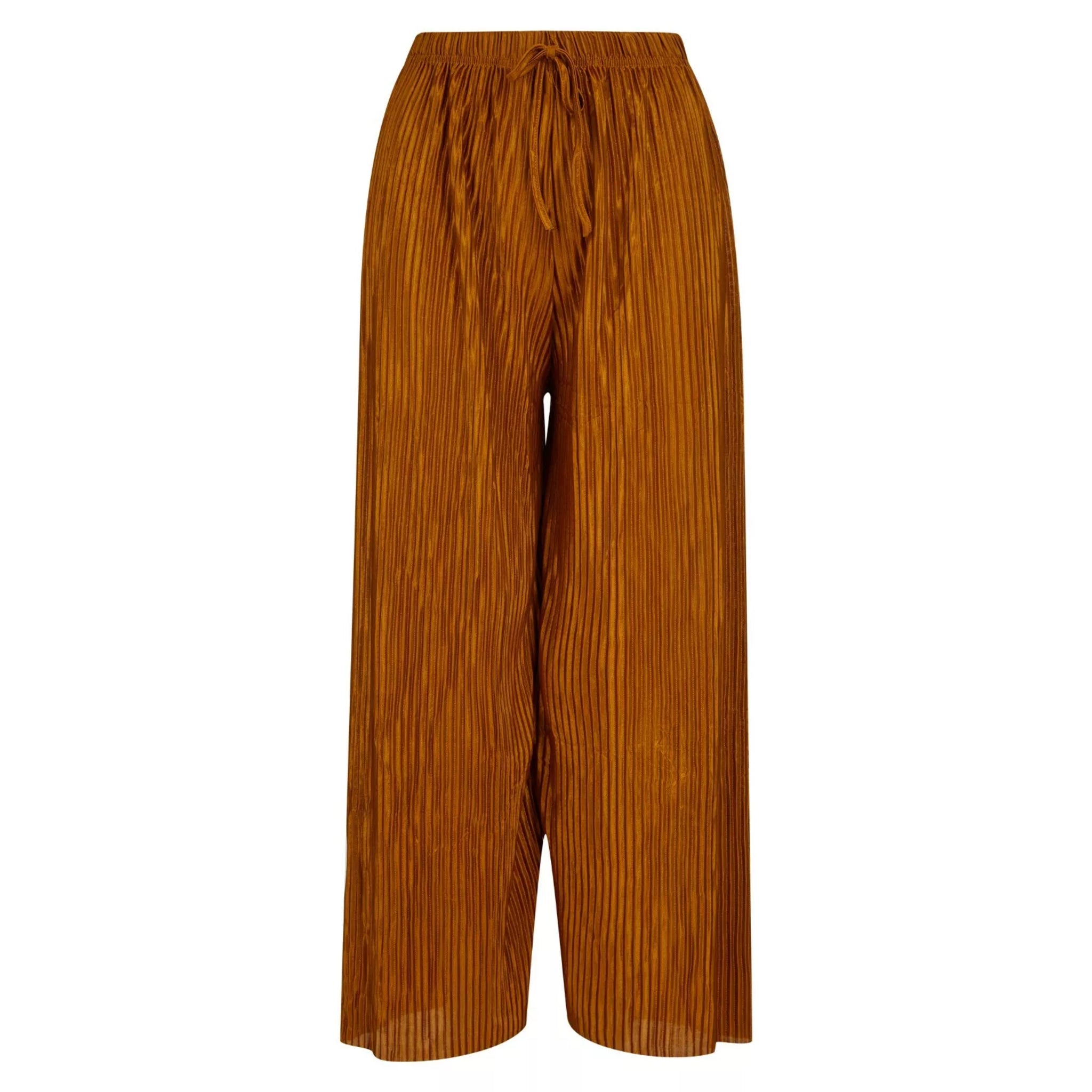 Ladies soft touch cropped trousers in caramel brown – lightweight wide leg casual pants with elasticated drawstring waist.